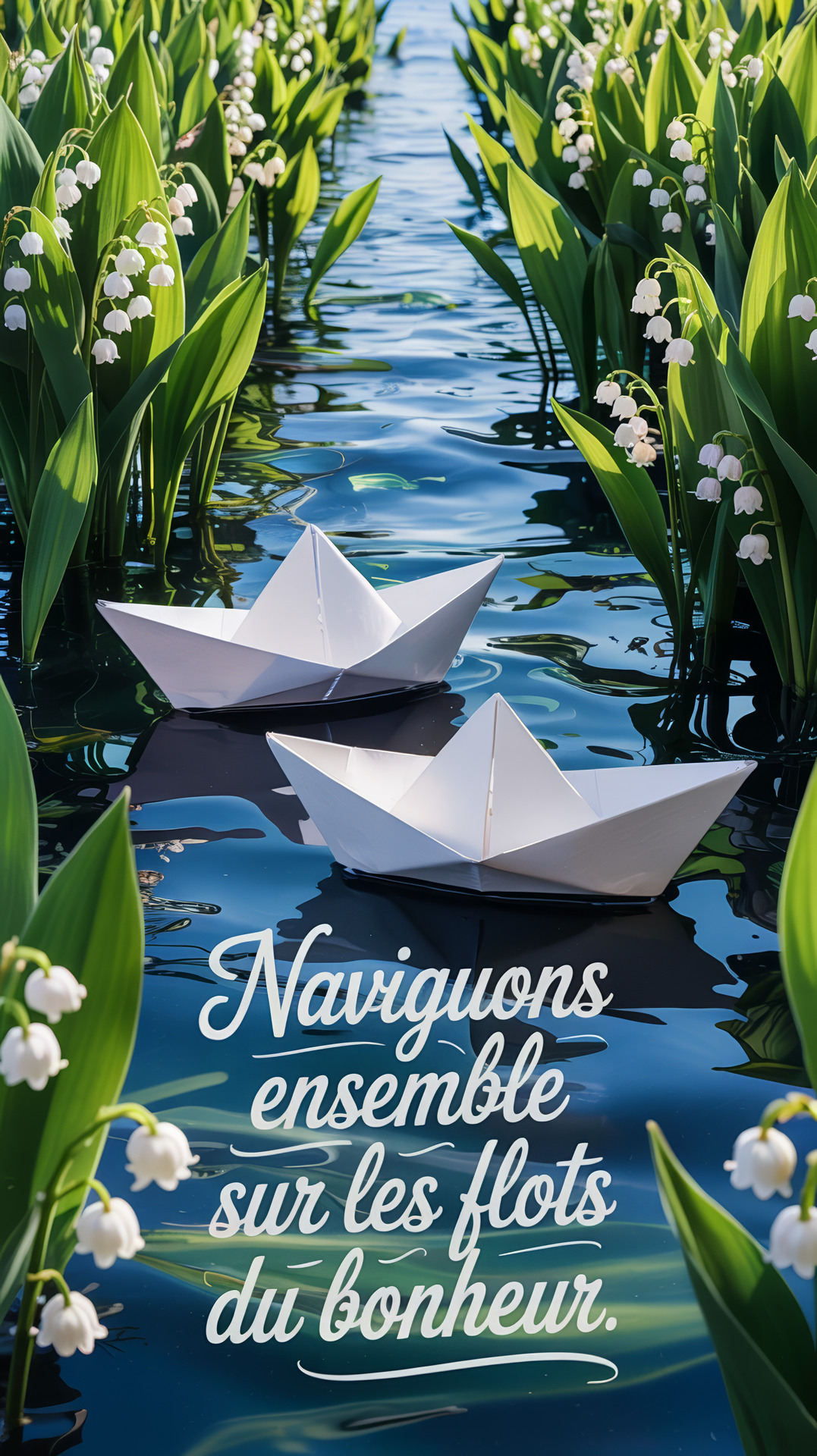 Carte virtuelle gratuite «Naviguer ensemble sur les flots du bonheur» Carte virtuelle gratuite avec des bateaux en papier naviguant sur une rivière entourée de fleurs, symbolisant l'amitié et le bonheur partagé