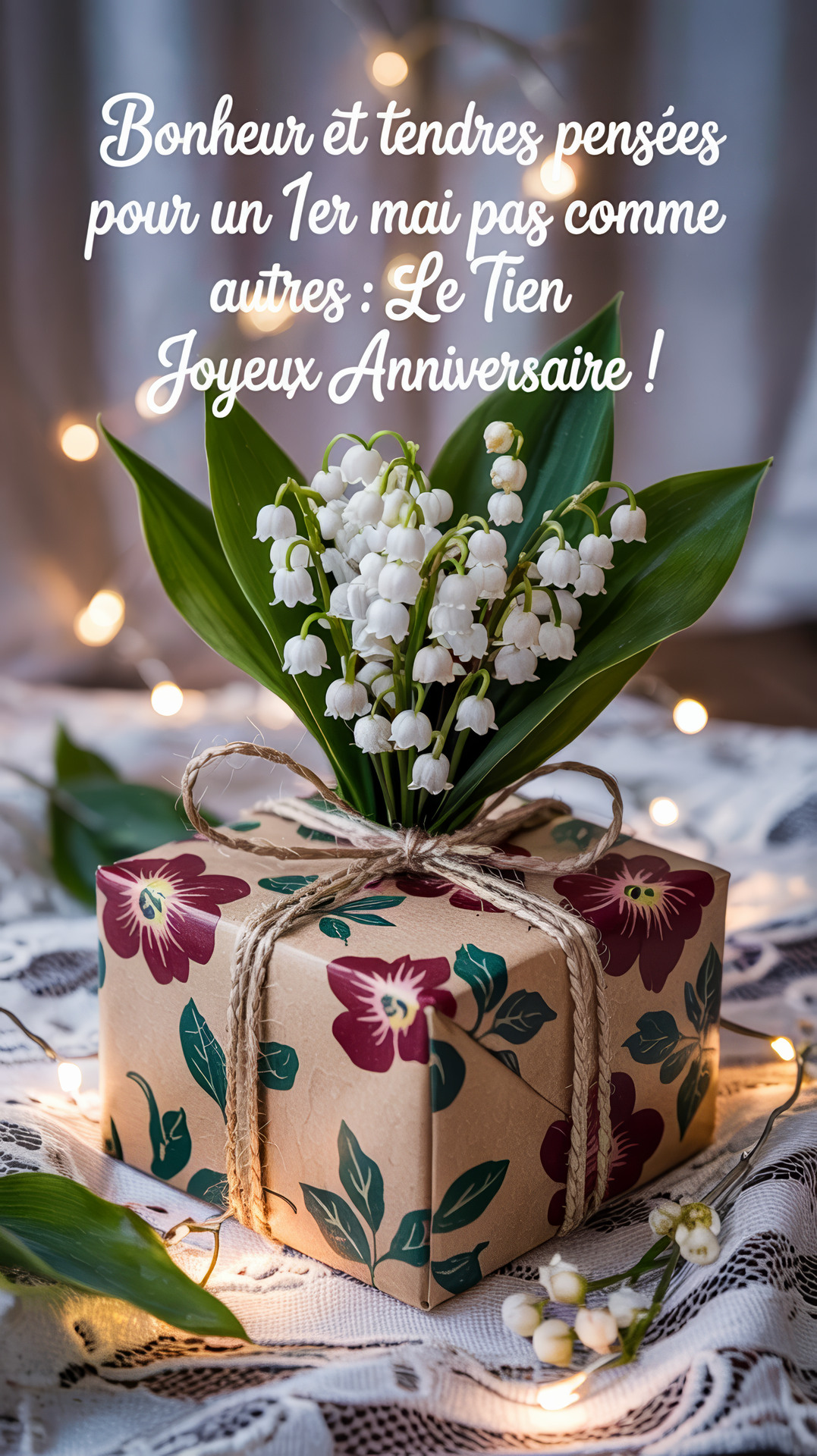 Carte virtuelle 1er mai joyeux anniversaire avec muguet, fleurs et ballons