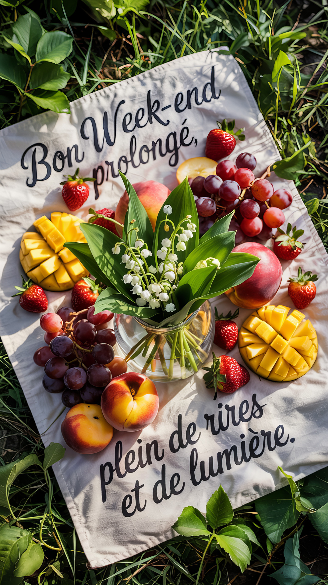 Carte virtuelle représentant un assortiment de fruits et de fleurs pour souhaiter un bon week-end prolongé