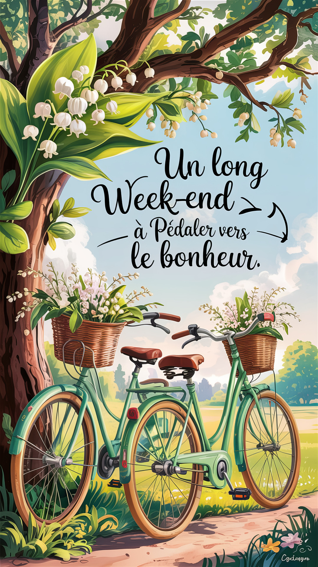 Carte virtuelle «Long week-end : voyage, bonheur et vélo fleuri» Carte virtuelle animée représentant un long week-end avec des vélos, des fleurs et un message de bonheur pour un voyage