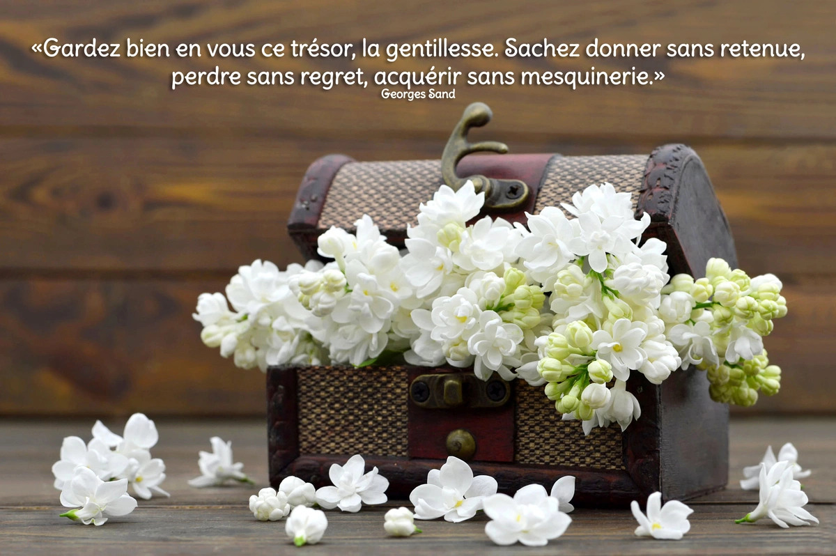 «Gardez bien en vous ce trésor, la gentillesse. Sachez donner sans retenue,perdre sans regret, acquérir sans mesquinerie.»Georges Sand