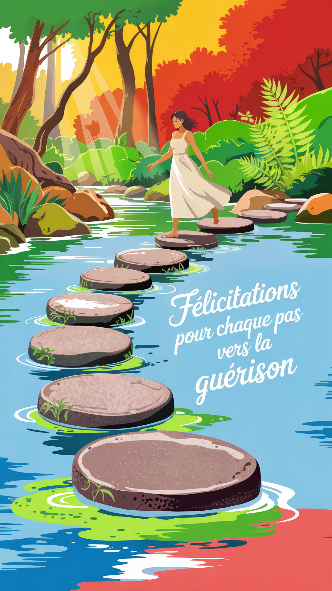 Carte virtuelle gratuite avec un chemin de pierres traversant une rivière dans une forêt, pour féliciter quelqu'un de sa guérison