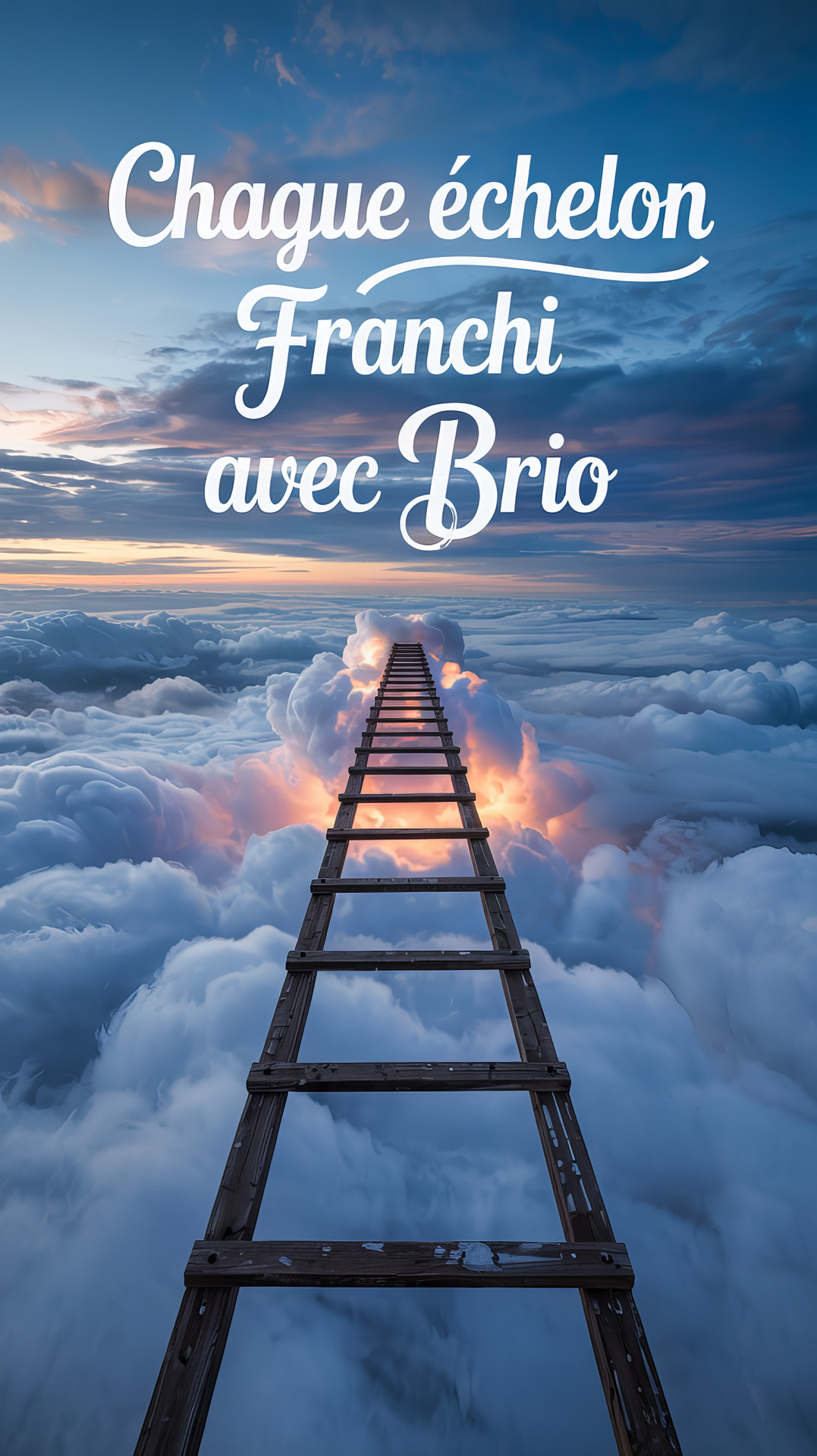 Carte virtuelle gratuite «Réussite nuages espoir» avec un ciel nuageux et une échelle menant vers l'espoir pour féliciter un succès