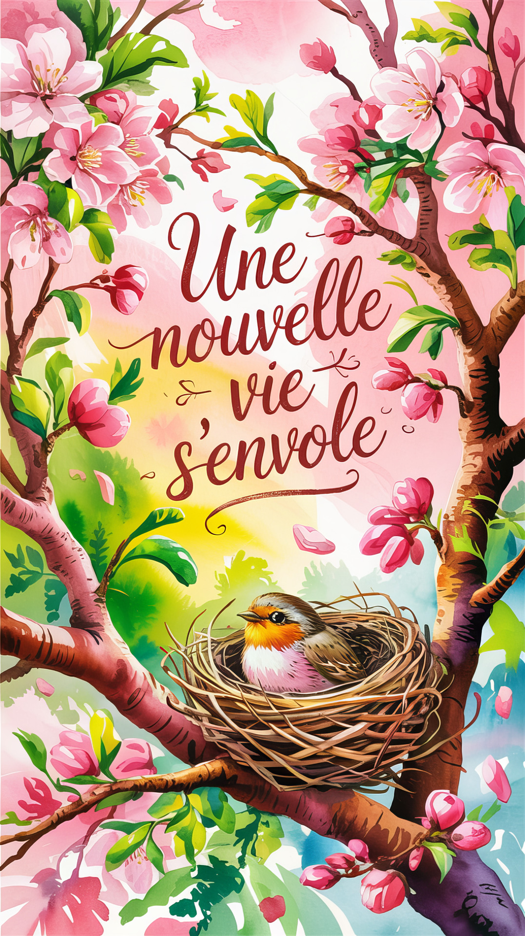 Carte virtuelle «Nouvelle vie printemps» pour féliciter une naissance Carte virtuelle animée «Nouvelle vie printemps» avec un nid, des oeufs et des fleurs pour célébrer une naissance