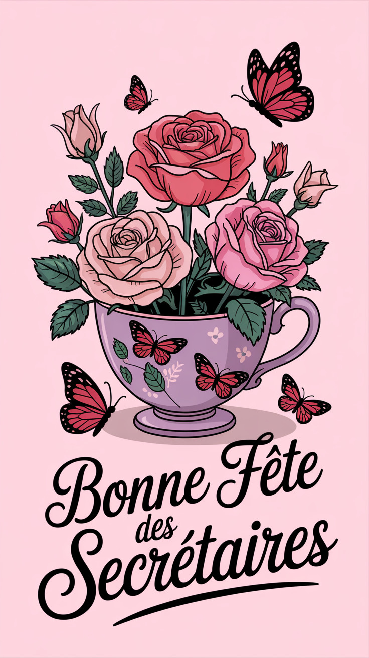 Carte virtuelle gratuite «Bonne fête des secrétaires» avec des fleurs et papillons Carte virtuelle gratuite «Bonne fête des secrétaires» avec un bouquet de roses et des papillons virevoltants