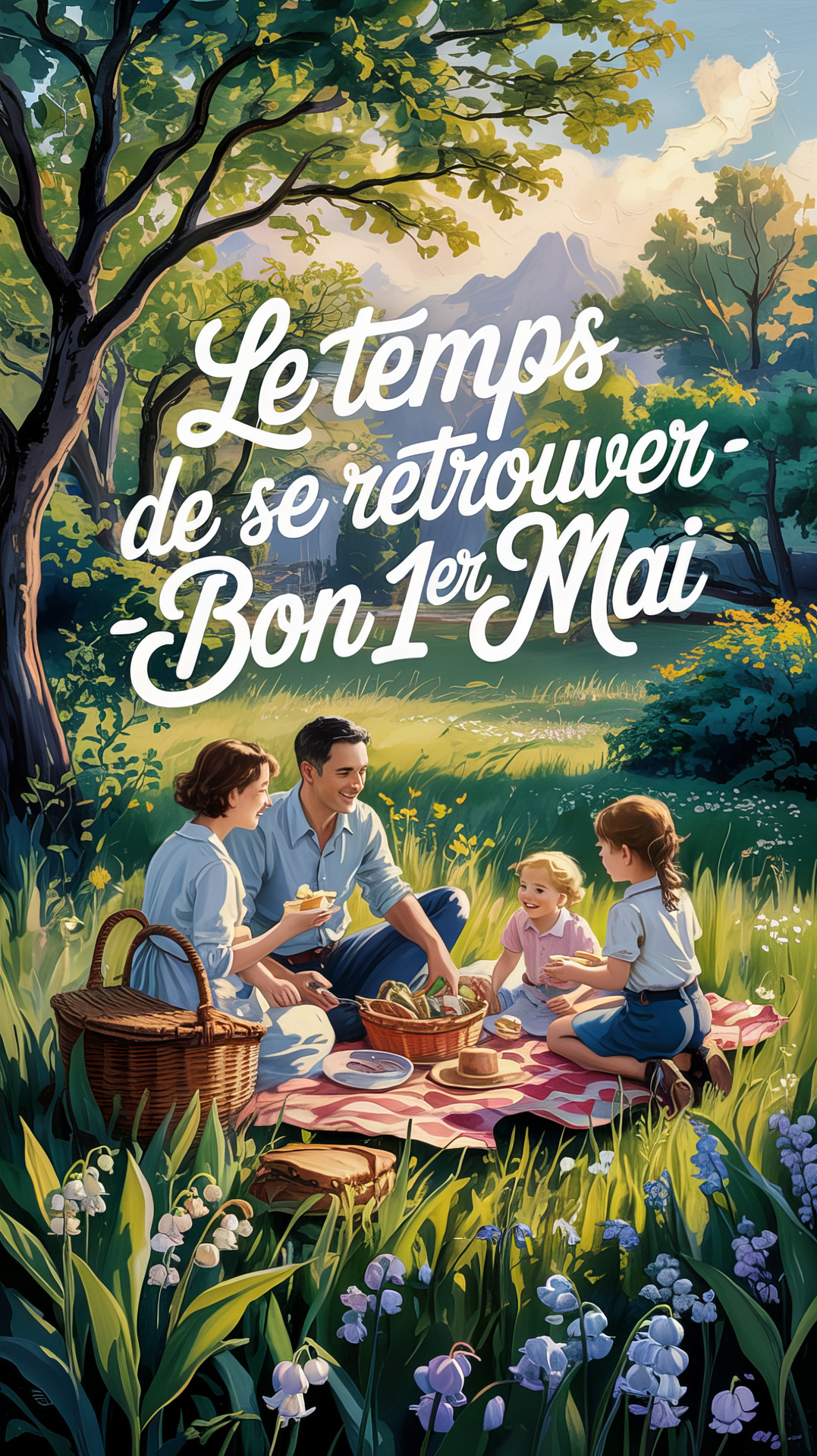 Carte virtuelle Fête du Travail : pique-nique en famille le 1er mai Carte virtuelle animée pour la Fête du Travail représentant une famille en pique-nique dans la nature le 1er mai