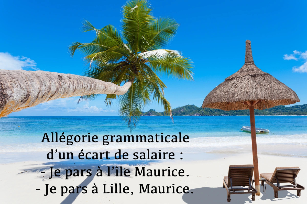 Allégorie grammaticaled'un écart de salaire :- Je pars à l'île Maurice.- Je pars à Lille, Maurice.