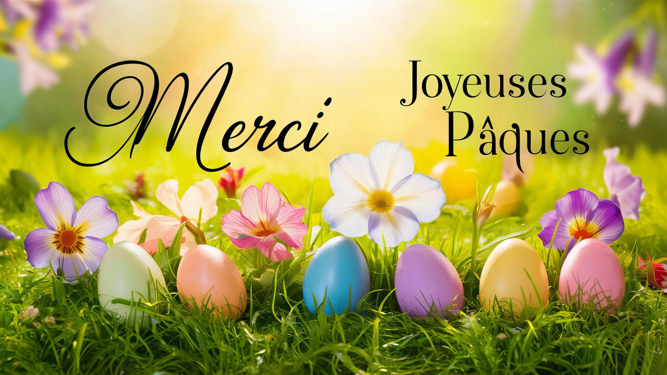 Carte virtuelle de Pâques avec lapin, œufs et fleurs