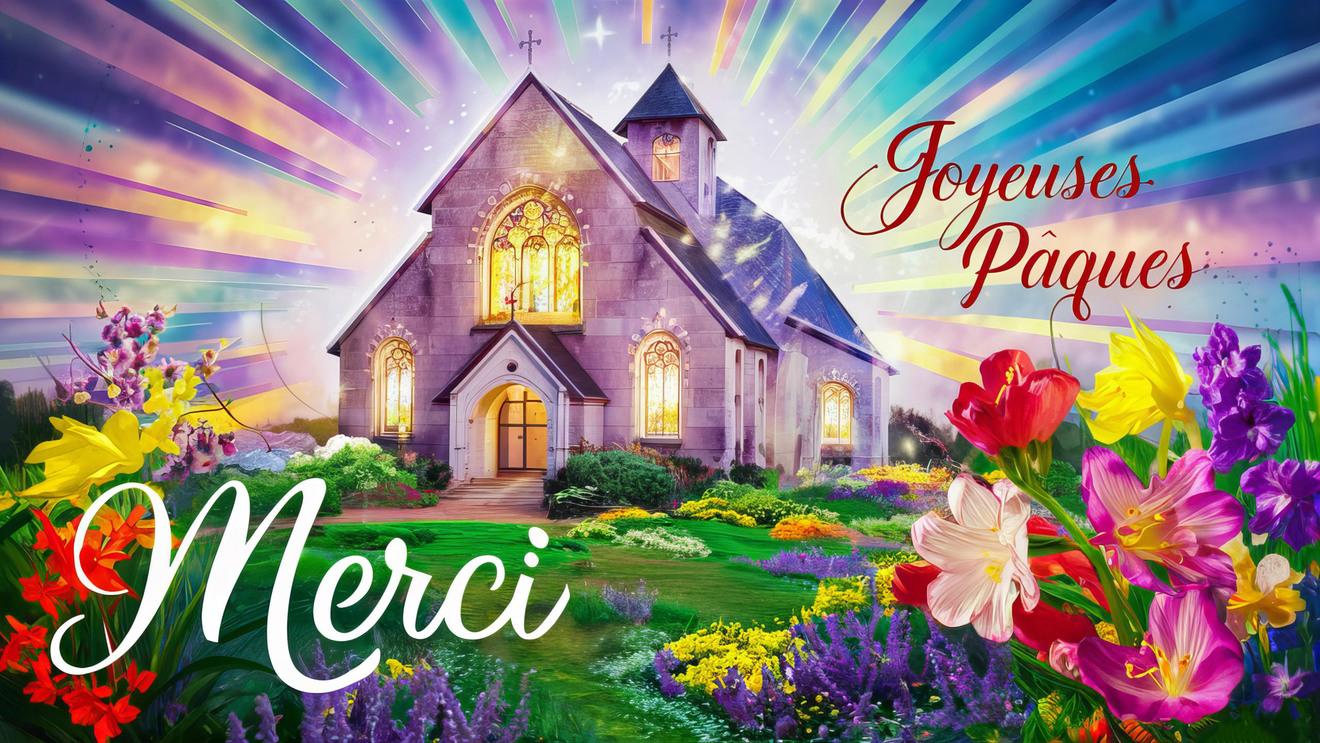 Carte virtuelle de Pâques avec église et mot 'Merci'