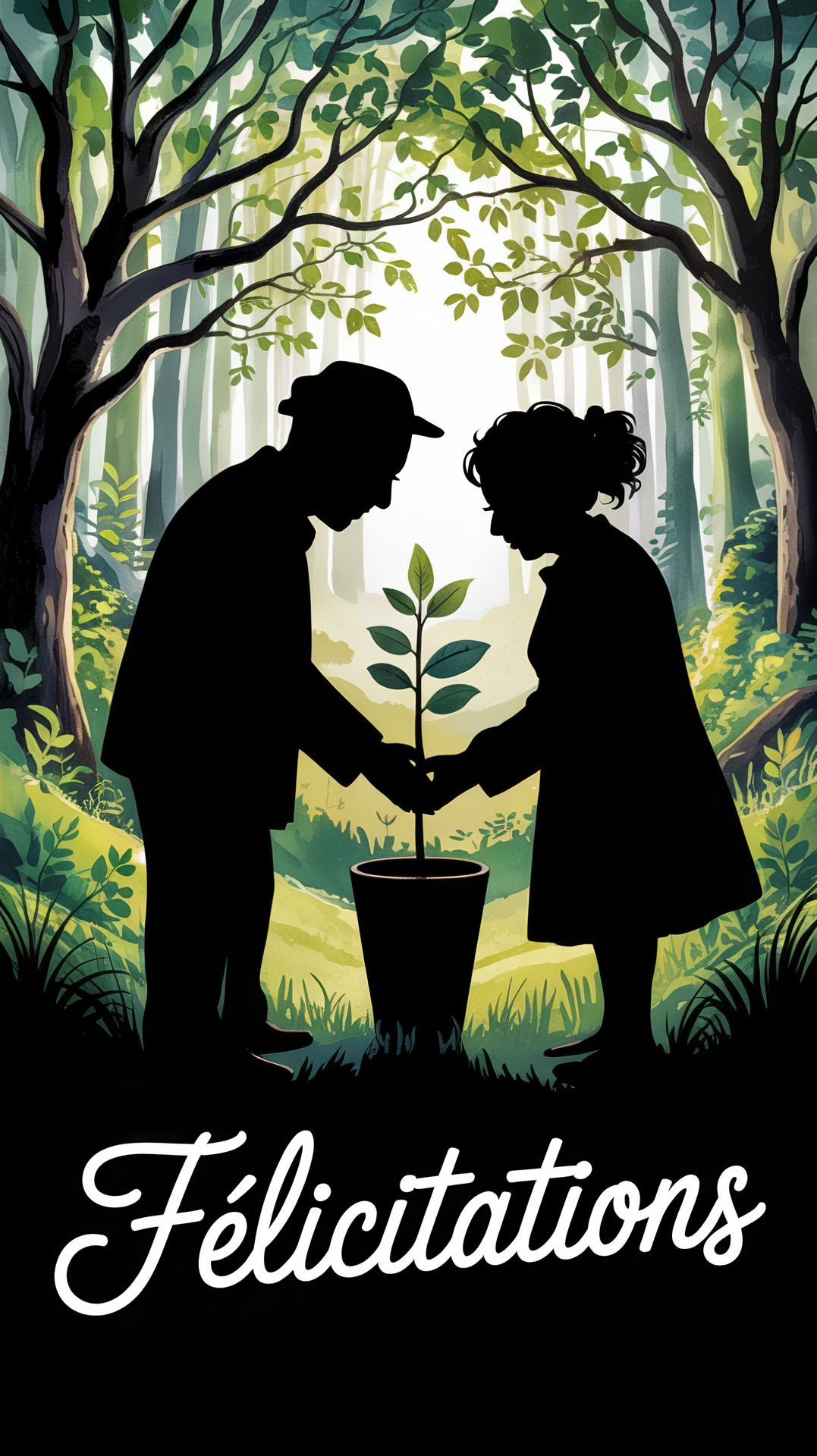 Carte virtuelle gratuite représentant un couple plantant un arbre, symbolisant la naissance d'un enfant