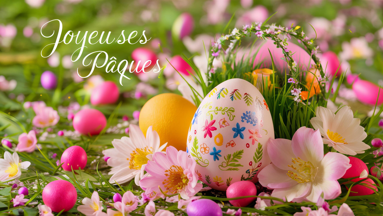 Carte de Pâques avec lapin et œufs décorés