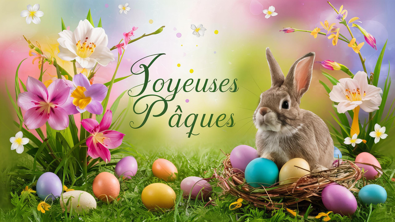 Carte virtuelle de Pâques avec texte ‘Joyeuses Pâques’ entouré de motifs printaniers.