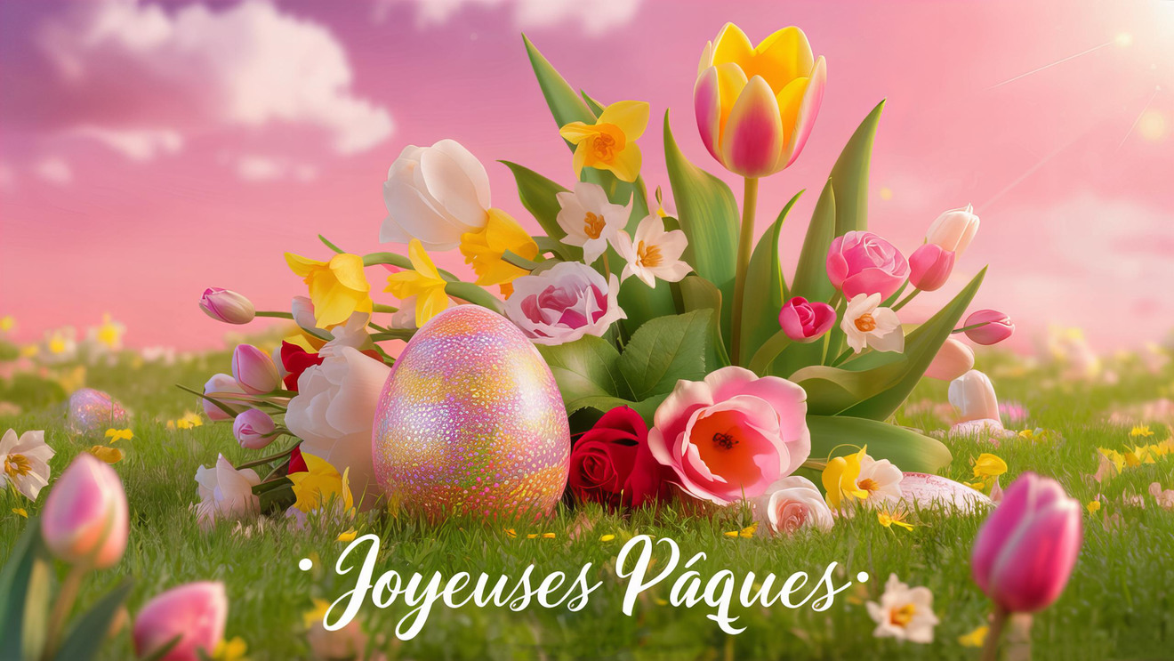 Carte virtuelle de Pâques avec œufs colorés et lapin