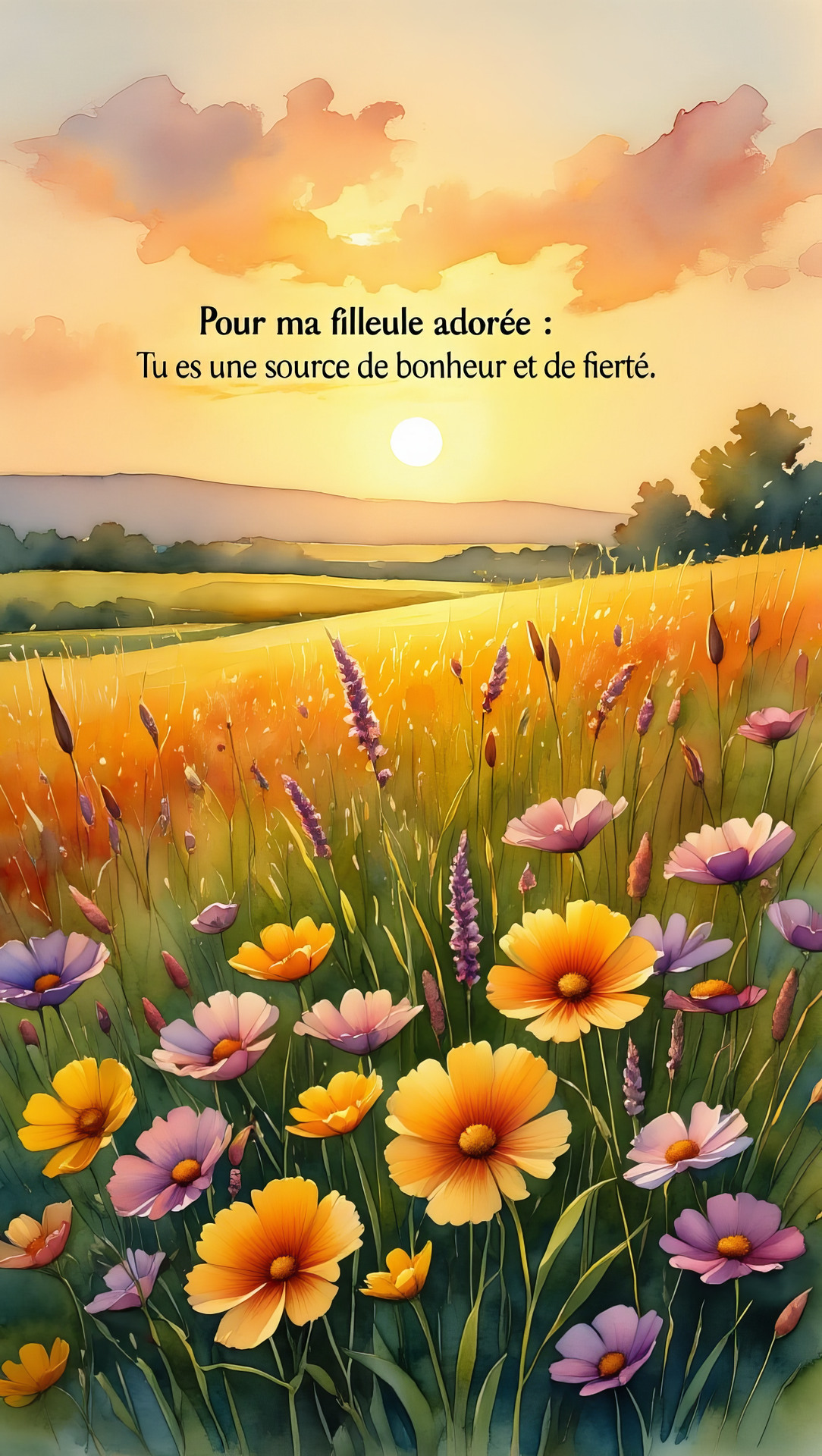 Carte virtuelle avec un bouquet de fleurs colorées et un message de bonheur et de fierté pour une filleule