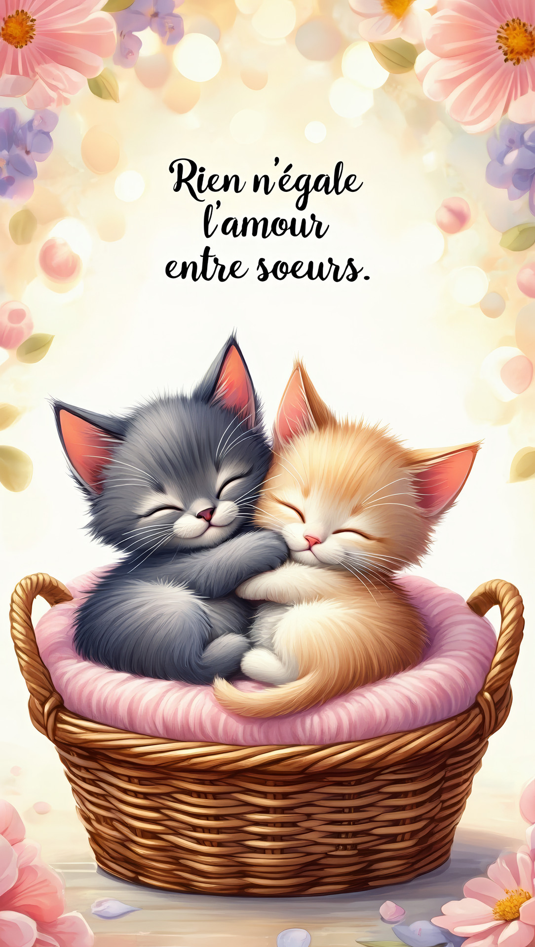 Carte virtuelle «Amour entre soeurs avec chatons mignons» Carte virtuelle représentant deux chatons se faisant un câlin, symbolisant l'amour entre soeurs
