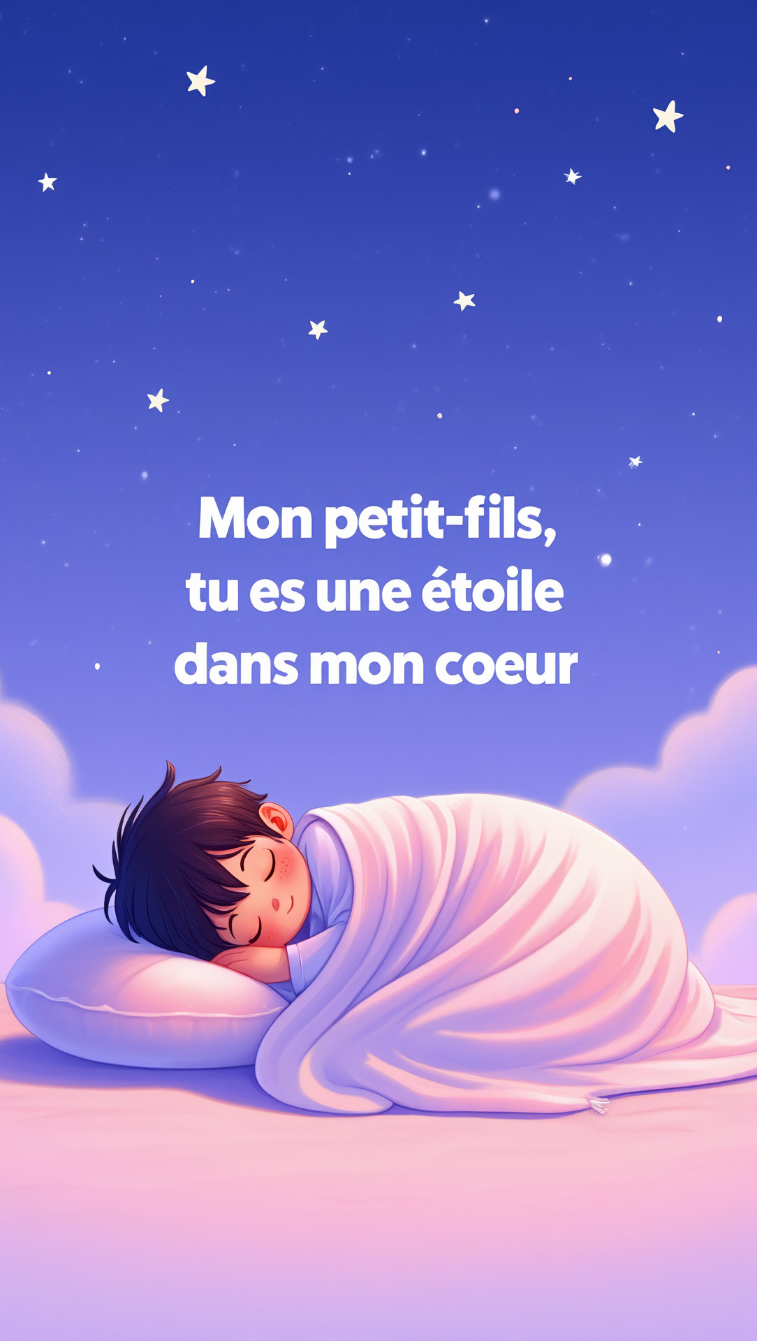 Carte virtuelle gratuite «Mon petit-fils, tu es une étoile dans mon cœur» Carte virtuelle animée représentant un petit garçon endormi dans son lit, avec un message d'amour de son grand-parent