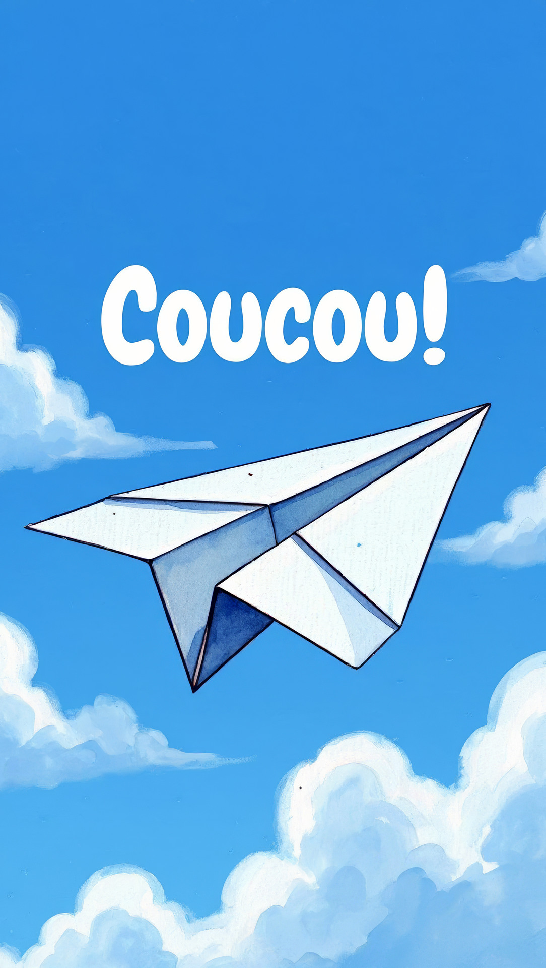 Carte virtuelle gratuite avec un avion en papier bleu et le mot «Coucou !» pour saluer son petit-fils