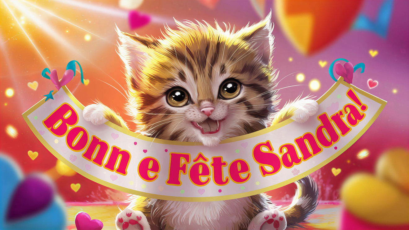 Chaton mignon souhaitant 'Bonne Fête Sandra' sur une carte virtuelle