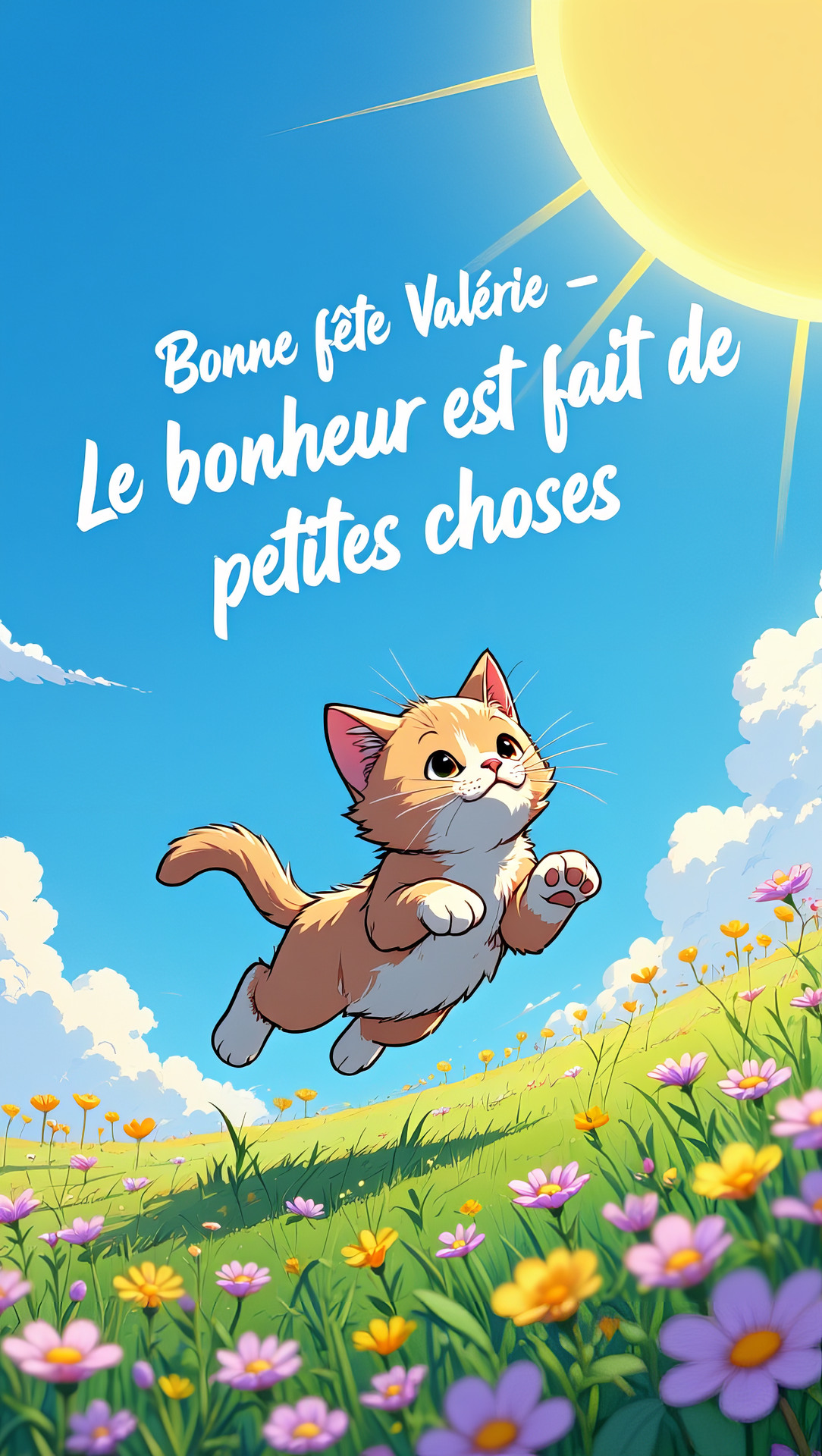 Carte virtuelle «Bonne fête Valérie» avec chat heureux, fleurs et soleil Carte virtuelle animée «Bonne fête Valérie» représentant un chat heureux entouré de fleurs sous un soleil radieux