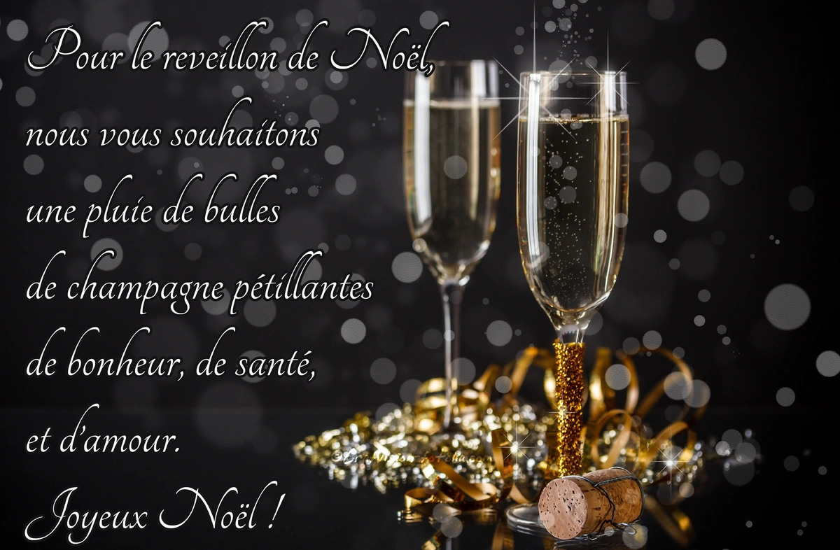 Pour le reveillon de Noël, nous vous souhaitons une pluie de bulles de champagne pétillantes de bonheur, de santé, et d'amour.Joyeux Noël !